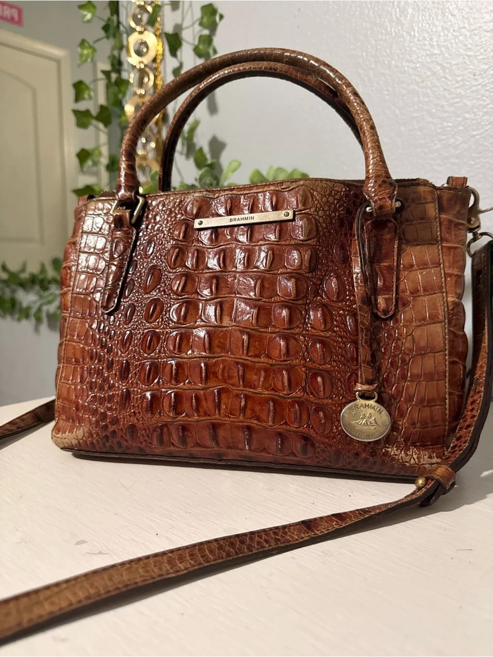 Brahmin Cognac Croc-Embossed Leather Satchel